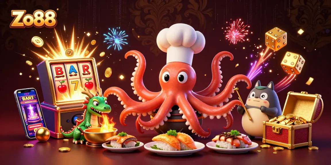 Zo88 offers an exciting illustration showcasing vibrant casino action with a sushi chef octopus and more.