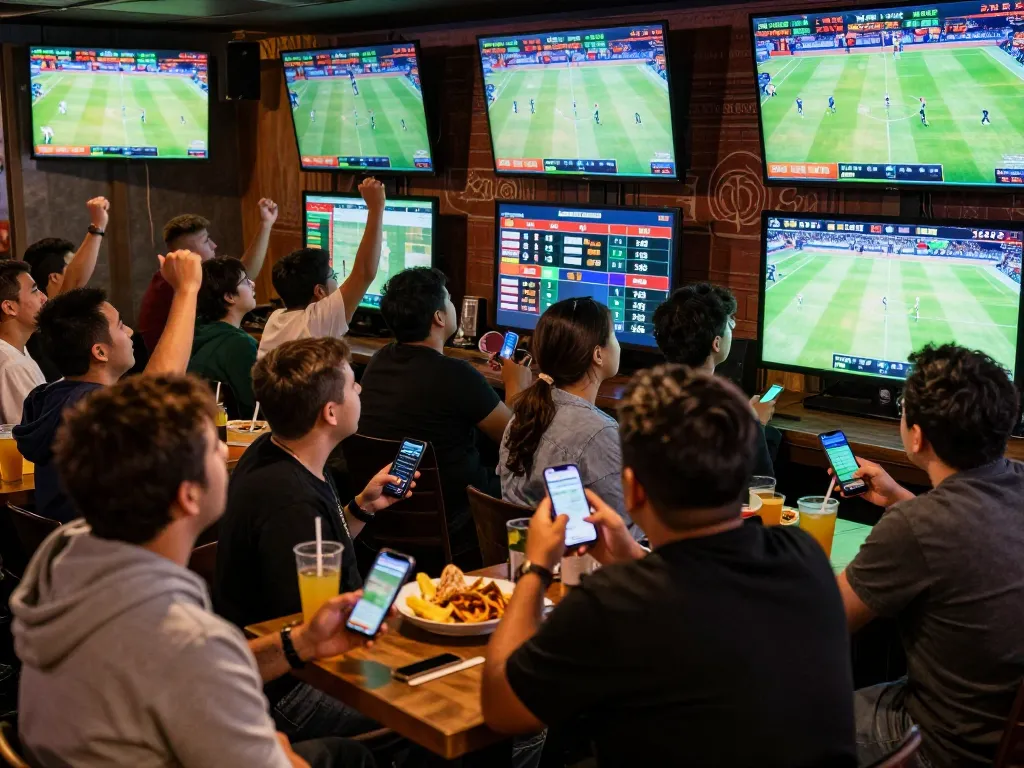 Fans actively placing bets and checking odds on 23win during a live sports event, capturing the thrill of strategic betting.