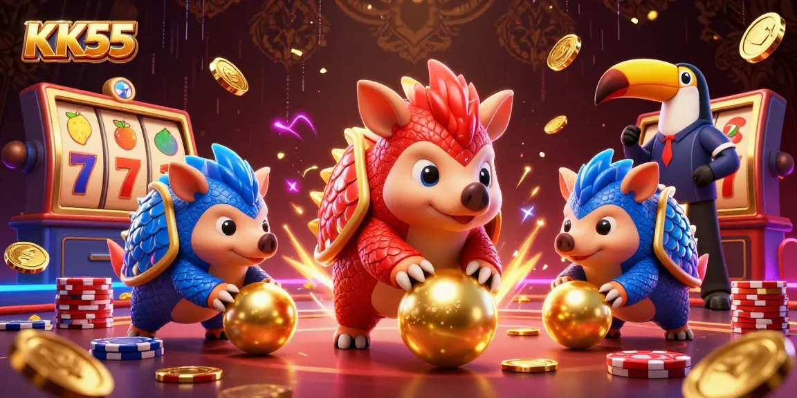 Watch KK55's dynamic slot scene with rival pangolins and dazzling gold coins in action.