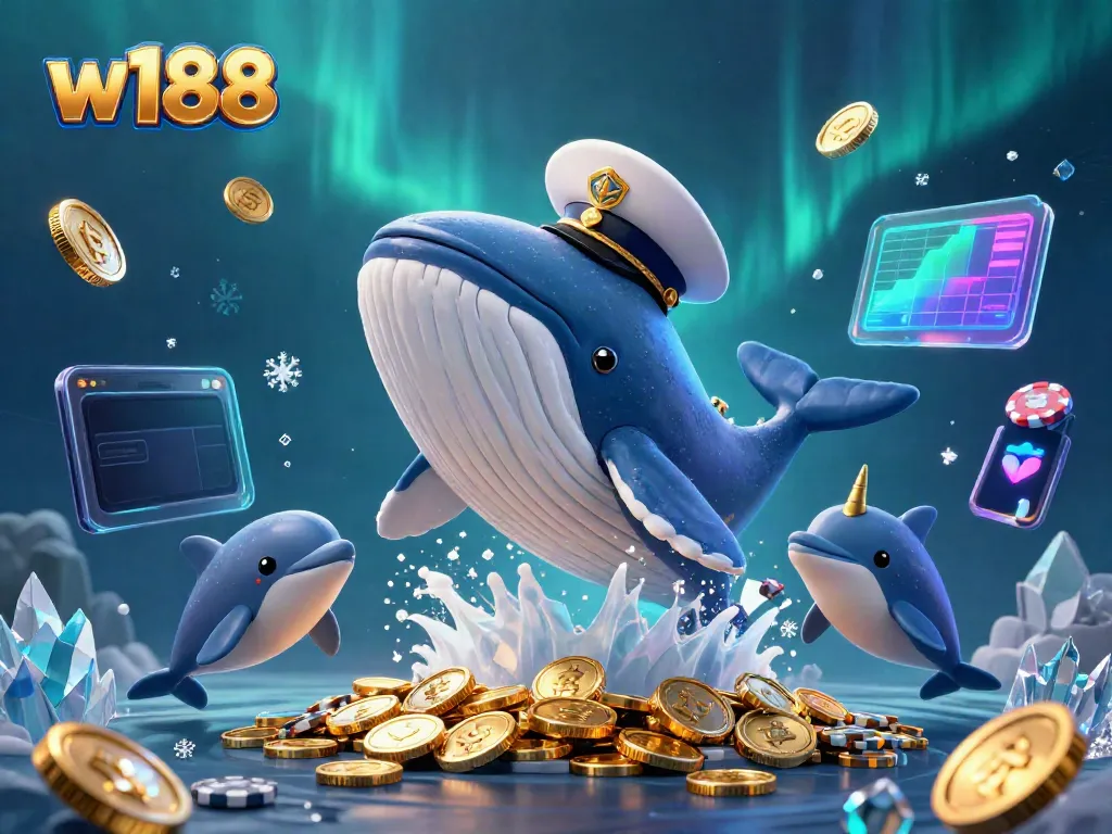 Experience the excitement of w188 casino with a whale and dolphins in a vibrant sea of coins.