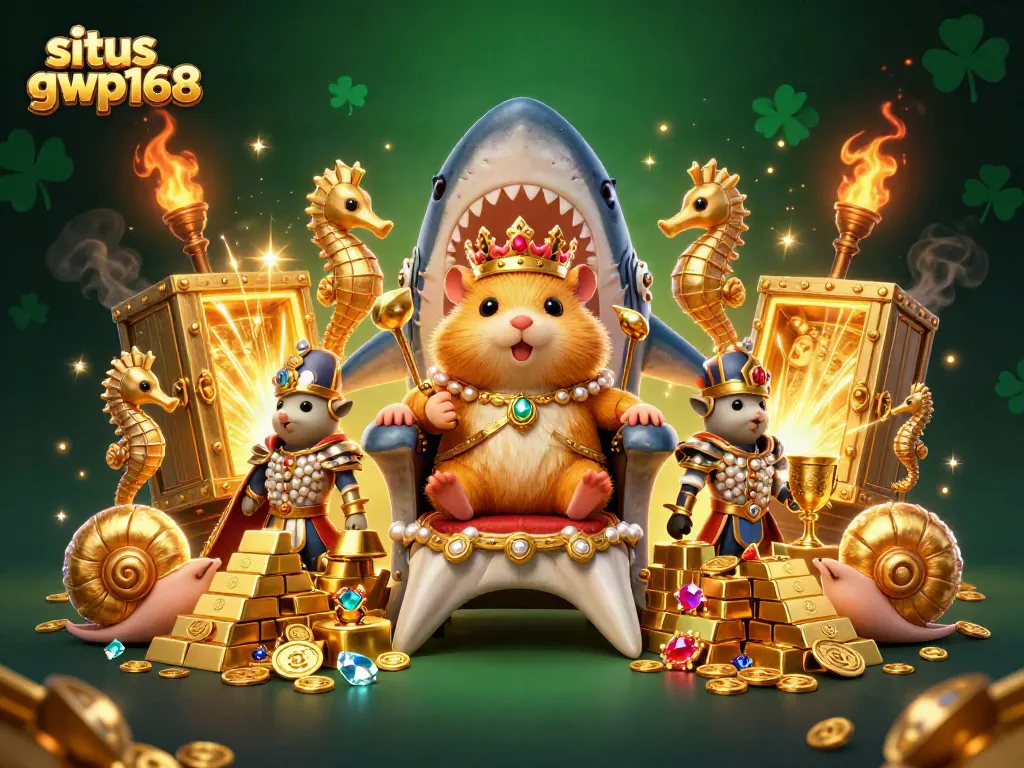 Menangkan di situs gwp168 dengan raja hamster emas yang menguasai harta karun dalam ilustrasi 3D