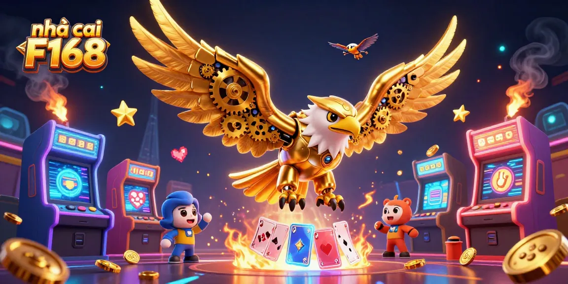 Engage with nhà cái F168's dynamic gaming environment featuring a cybernetic eagle amidst holographic elements.