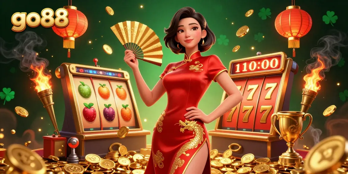Experience excitement with go88's vibrant slots, surrounded by gold coins and prizes.