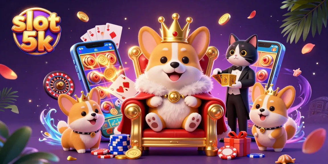 Spin the reels on slot 5k with a royal corgi and friends in a vibrant casino scene.