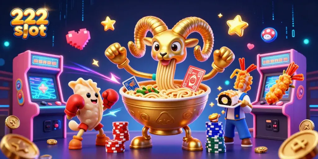 Menggoda pemain 222 slot dengan ilustrasi karakter unik kasino dan mesin slot berwarna-warni yang menggiurkan.