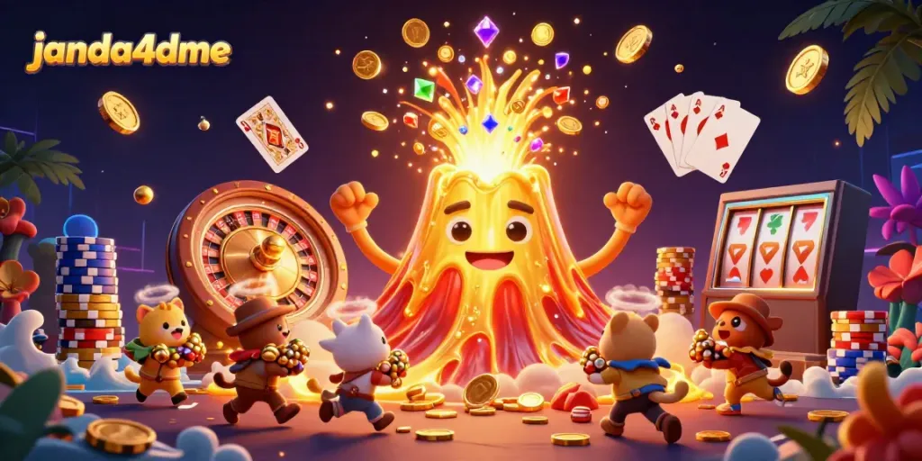 Mainkan permainan jackpot di janda4dme dengan ilustrasi gunung berapi emas yang memancarkan kekayaan.