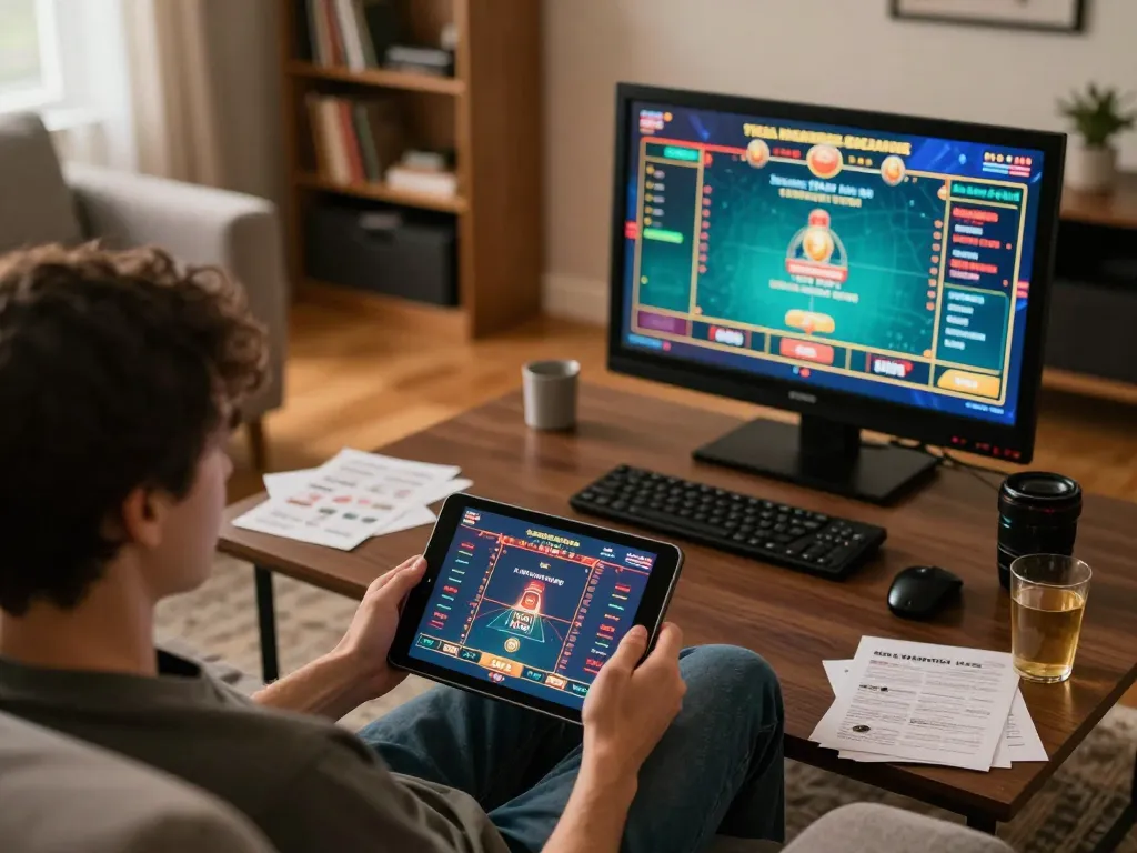 Engaged player enjoying ดูหนังใหม่ on a tablet with gaming notes in a cozy home setting.