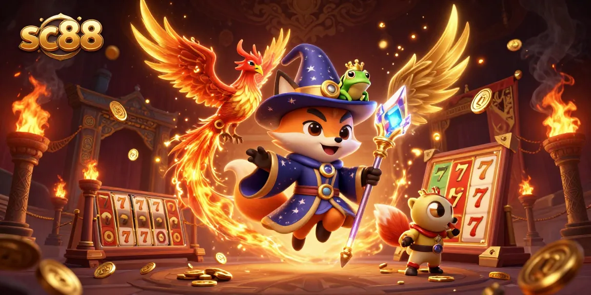 Engage in the magical world of sc88 with an illustration of a wizard fox, phoenix, and enchanted frog amid dynamic casino elements.