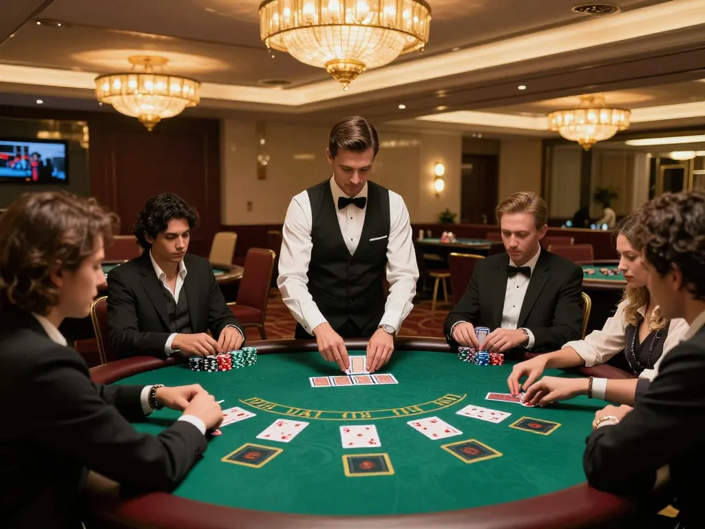 Engaged players at a blackjack table in a luxury casino environment, experiencing the thrill of gameplay with LuckyIndex analysis.