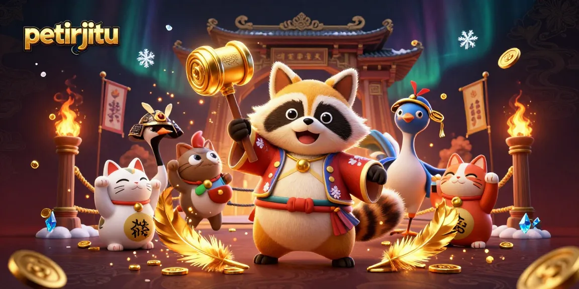 permainan menang dengan petirjitu, festival tanuki dan kucing keberuntungan dalam ilustrasi kasino yang meriah