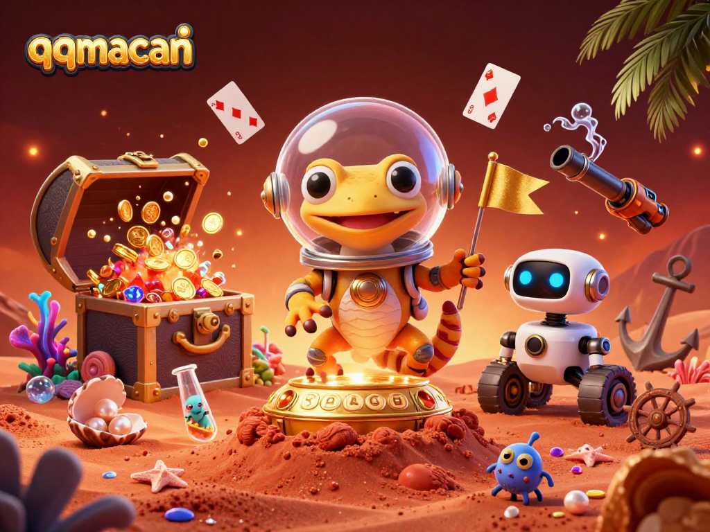 Engage with qqmacan's thrilling golden casino adventure on Mars amidst vibrant colors and fun gambling experiences.