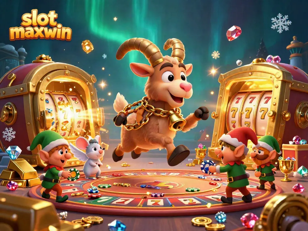 Experience slot maxwin with a festive 3D illustration featuring a Krampus goat managing a chaotic casino scene.