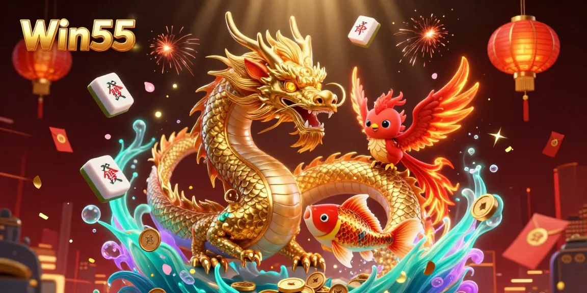 Win55: Engage in exhilarating gameplay with stunning visuals featuring a dragon, phoenix, and koi fish.