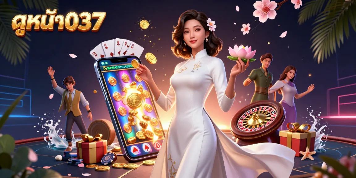 Experience thrilling gambling action with ดูหนัง037 featuring an elegant Asian woman amidst exciting casino elements.
