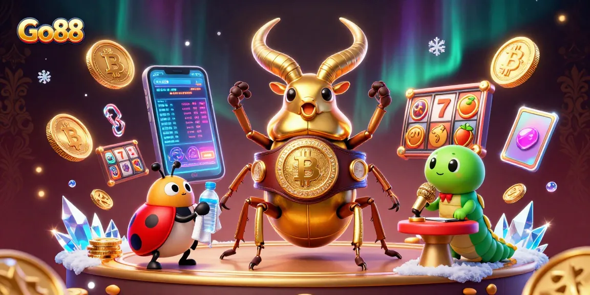 Engage with Go88’s vibrant casino experience featuring a golden beetle boxer amid crypto themes.