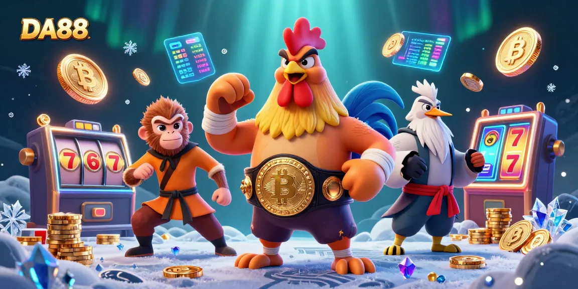 Experience the thrill of DA88 casino gaming with a dynamic illustration of a Muay Thai rooster, Shaolin monkey, and wise crane amidst slot reels and cryptocurrencies.