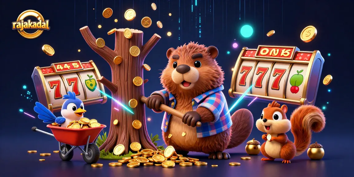 Rajakadal menunjukkan beaver pemotong kayu yang menghasilkan koin emas dalam suasana kasino yang penuh warna