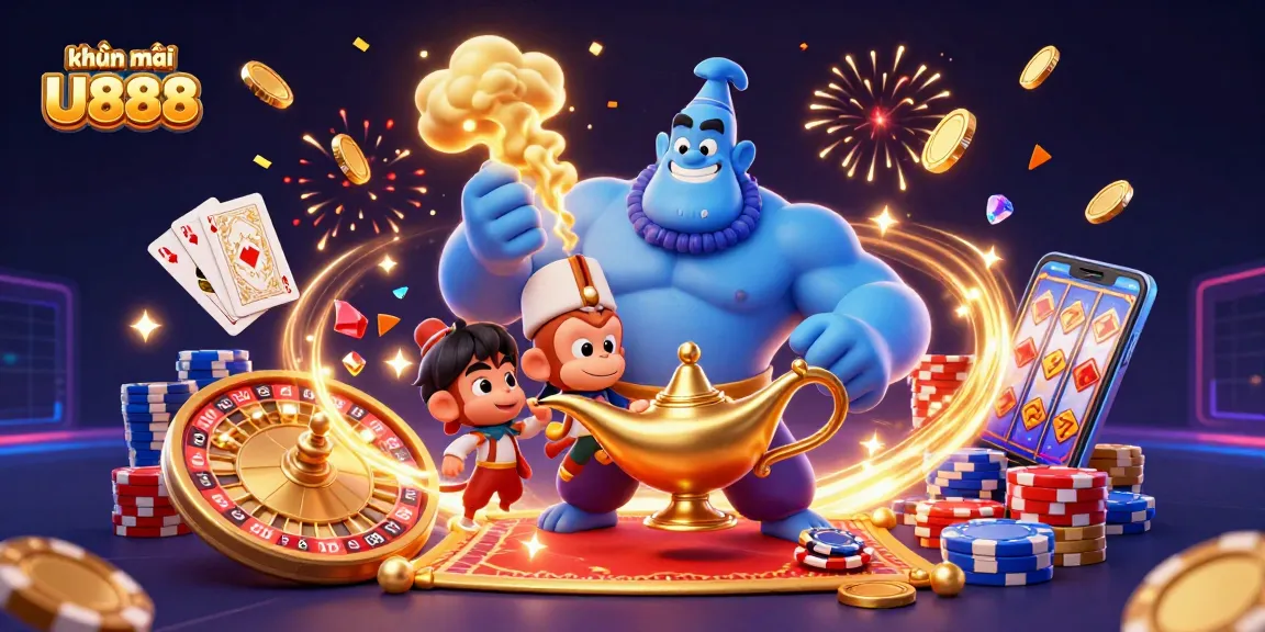 Experience exciting khuyến mãi U888 while enjoying thrilling games with our Genie and monkey illustration.