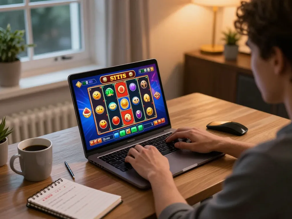 Engaging in a situs slot game at home, highlighting strategic online gambling experience