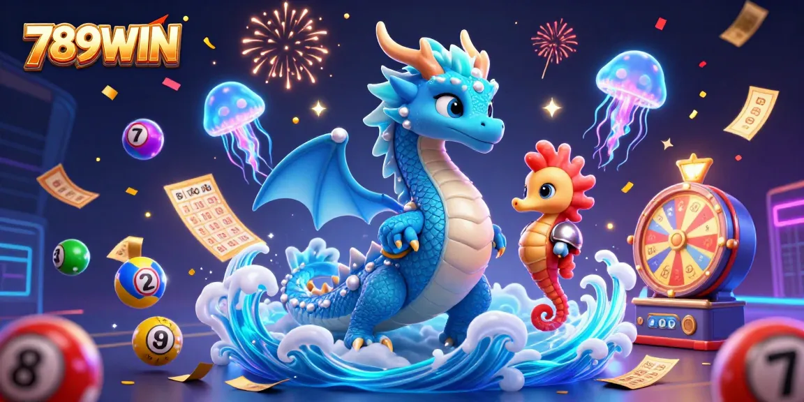 789WIN reveals a vibrant scene of a water dragon, a seahorse knight, and jellyfish amidst a dynamic lottery atmosphere.