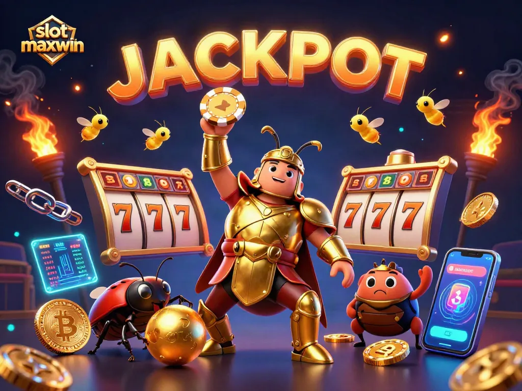 Experience the excitement of slot maxwin as the hero beetle celebrates a big win with vibrant casino elements!