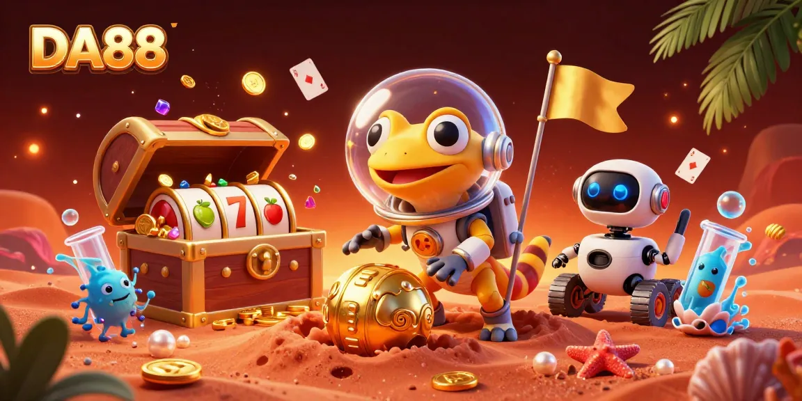 DA88 showcases a Martian gecko in a space casino with gold coins and floating cards.