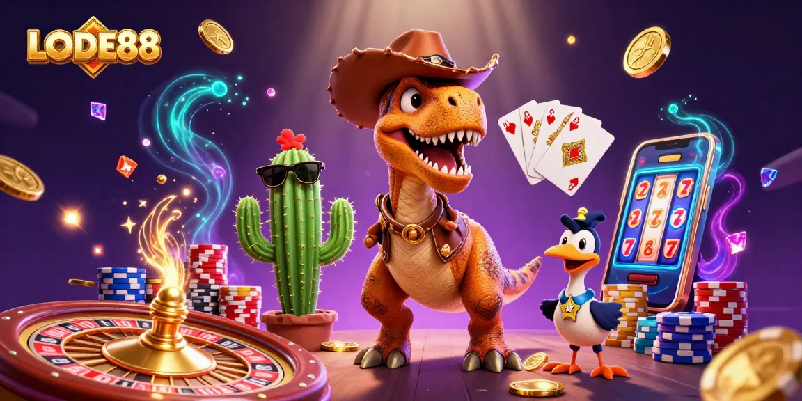 Play exciting games with LODE88 featuring a T-Rex, cactus, and roadrunner in a vibrant casino scene.
