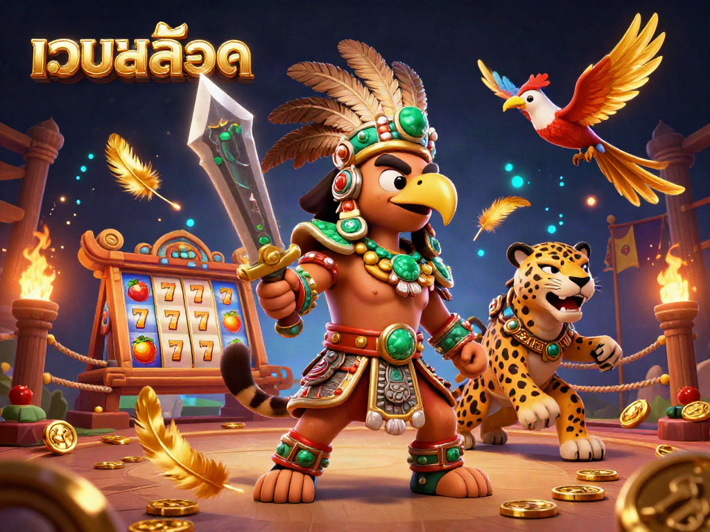 Experience the excitement of เว็บสล็อต with an Aztec warrior and vibrant slot elements.