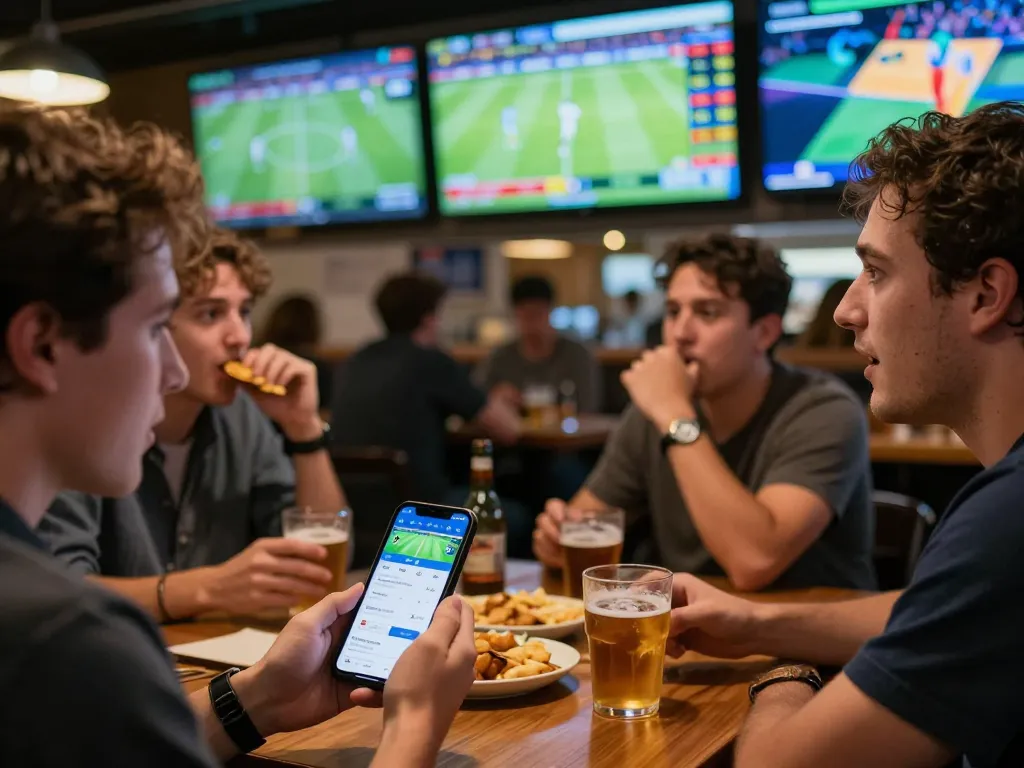 Sports bettor analyzing tỷ lệ bóng đá kèo nhà cái on smartphone while enjoying the match in a lively sports bar
