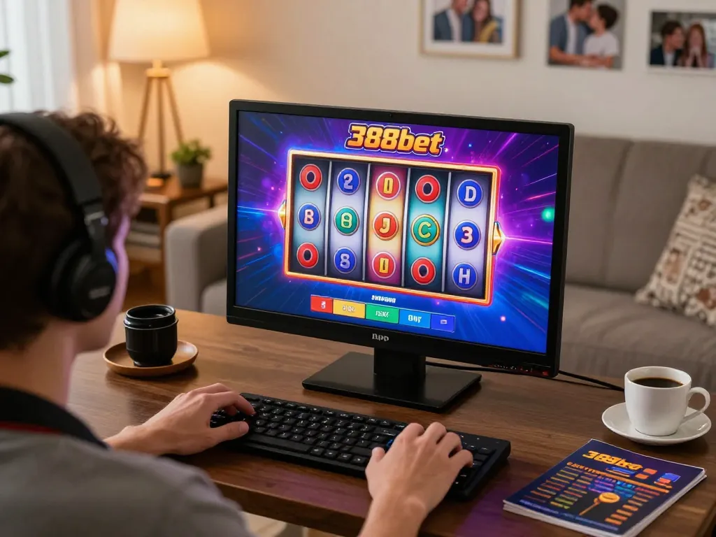 Playing slots on the 388bet app with vibrant reels and warm atmosphere at home