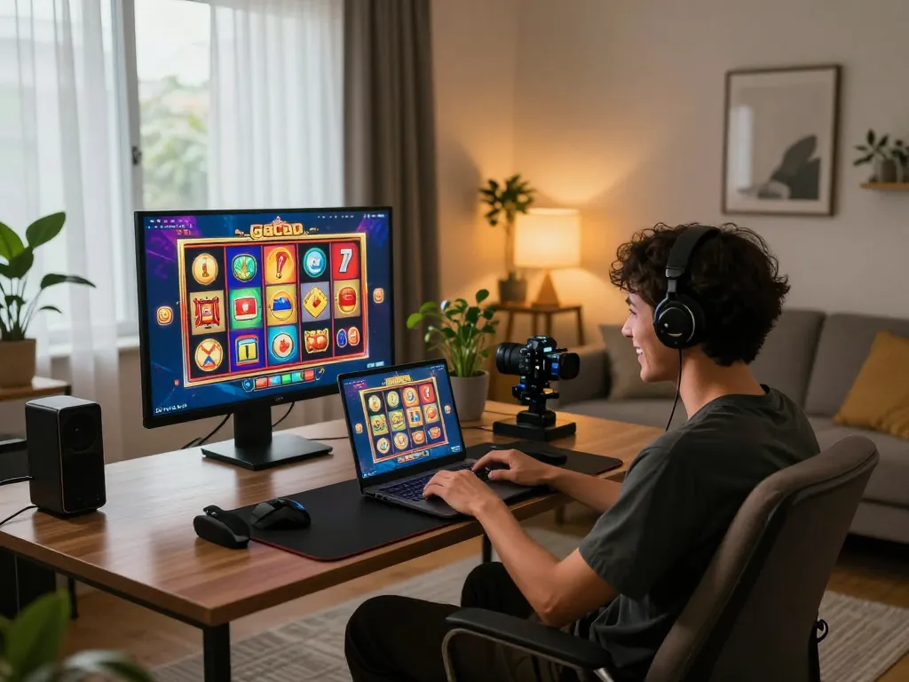 Pemain antusias menang di permainan slot gacor yang ditampilkan di layar laptop di setting rumah yang nyaman