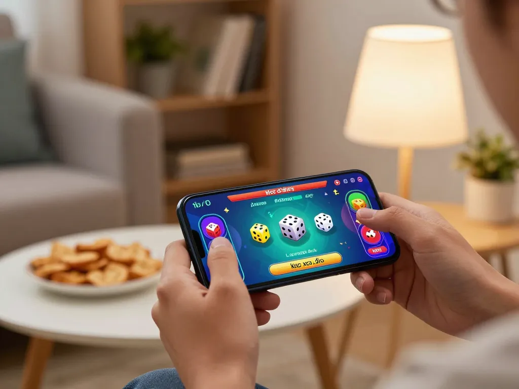 Xóc đĩa online game being played on a smartphone, showcasing vibrant gameplay in a cozy home setting.