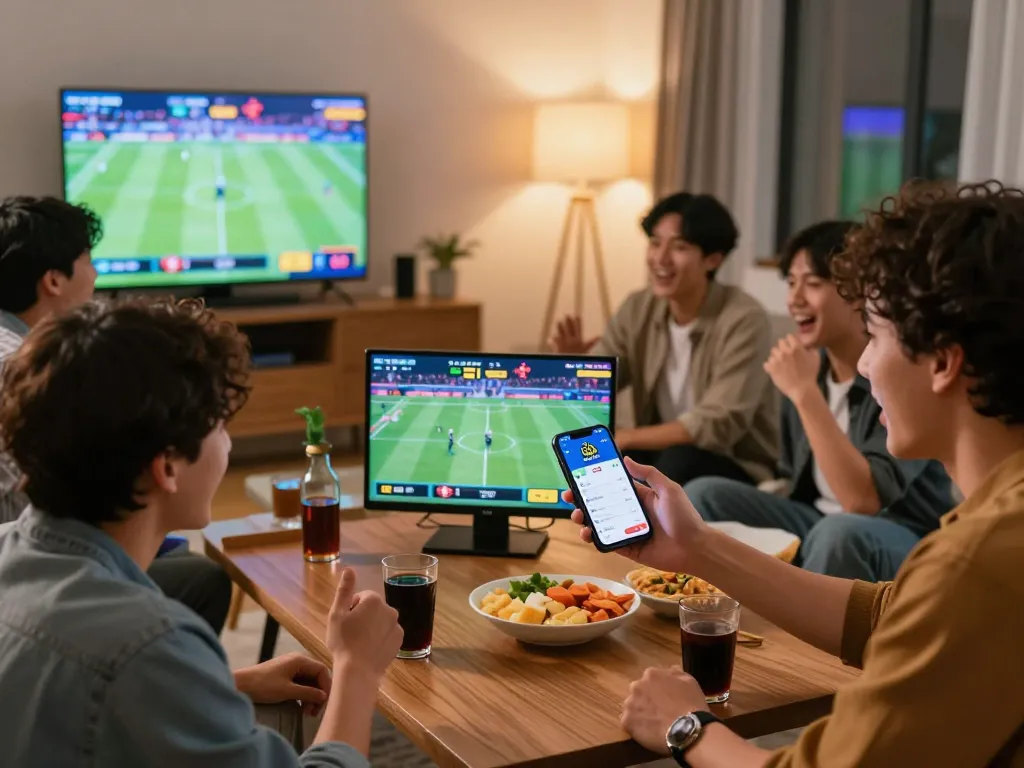 Friends enjoying sports betting with the god55 sports app during an exciting home gathering.
