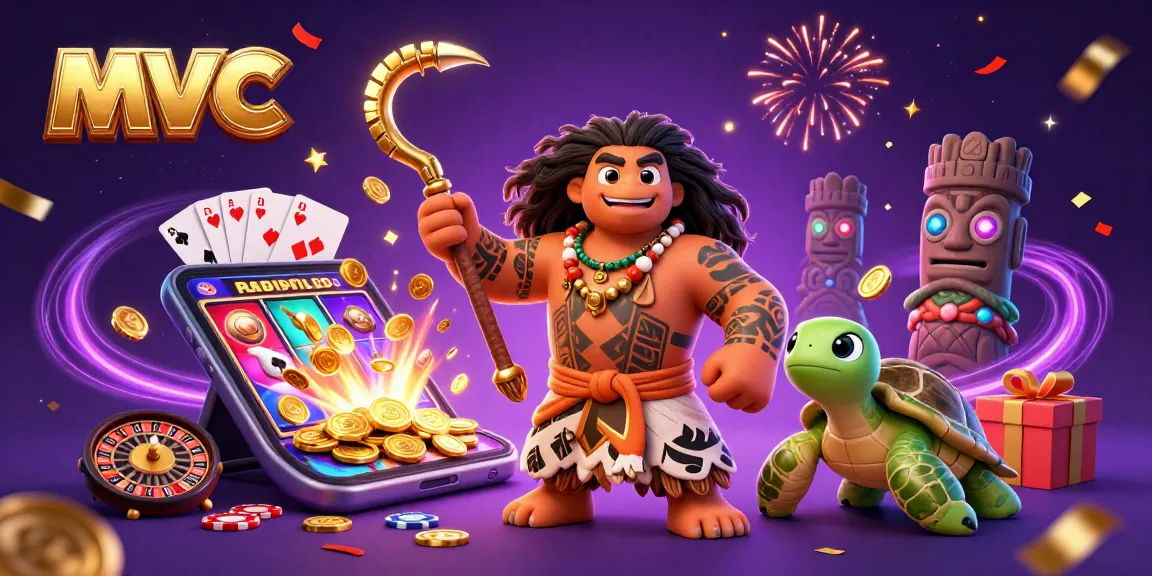 Spin vibrant reels at mvc with a charming demigod and turtle in a lively casino scene.