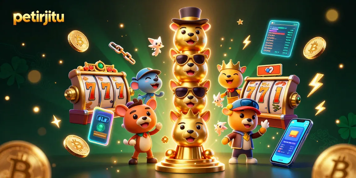 Permainan menarik di petirjitu dengan simbol slot, totem berwarna emas, dan elemen kripto.