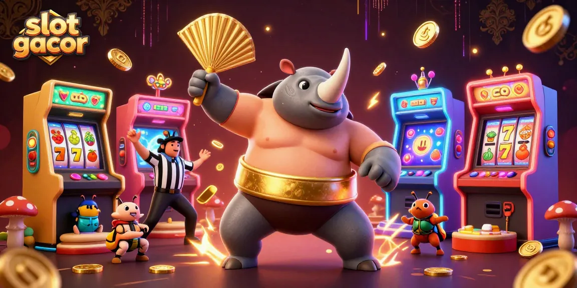Witness the excitement of slot gacor with a beetle champion amid flying coins, arcade machines, and vibrant energy.