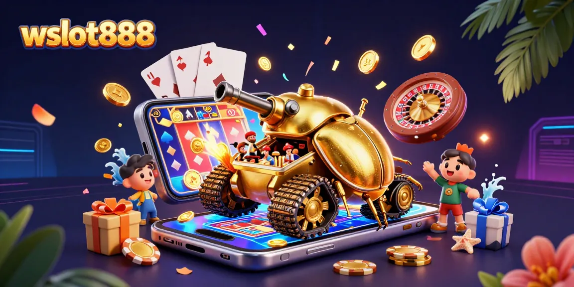 Menampilkan wslot888 dalam ilustrasi 3D mengesankan dengan kasino mini dan elemen perjudian yang penuh warna.