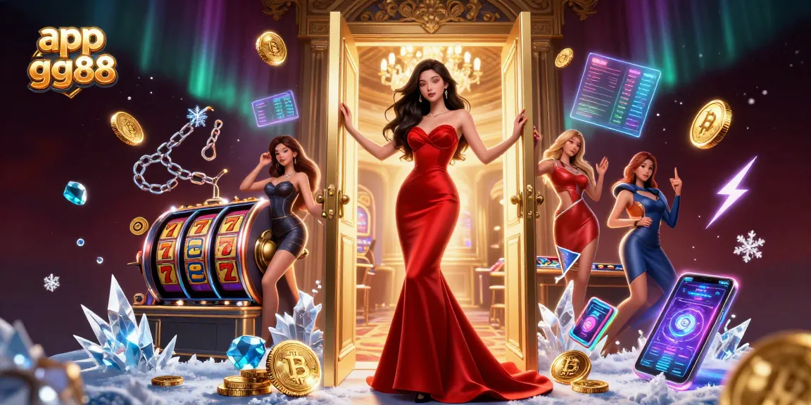 Experience the excitement with app gg88 in a vibrant casino scene full of slot games and crypto elements.