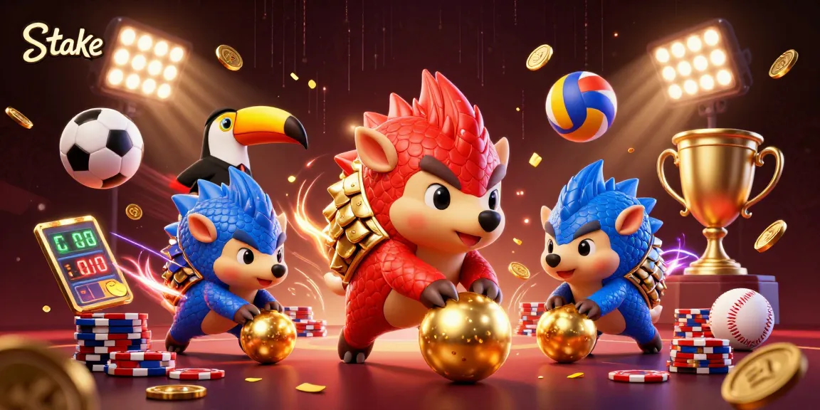 Experience thrilling sports betting at Stake with animated pangolins rolling poker chips.