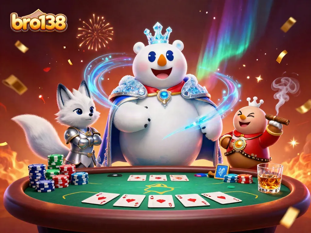 Engage with bro138's thrilling gameplay, featuring the ice king and snow fox in a lively casino scene.
