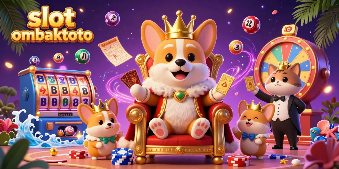 Experience the excitement of slot ombaktoto with an illustration of a royal corgi, dynamic game elements, and vibrant casino atmosphere.
