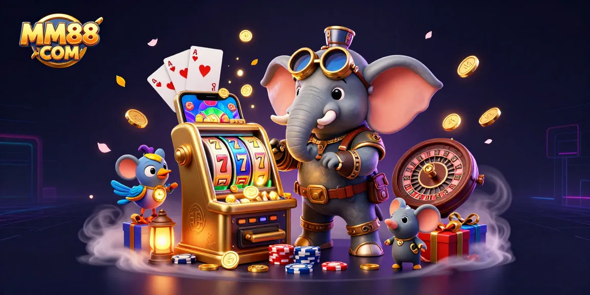 Experience excitement with MM88 COM: a steampunk elephant operating a golden slot machine with engaging game elements.