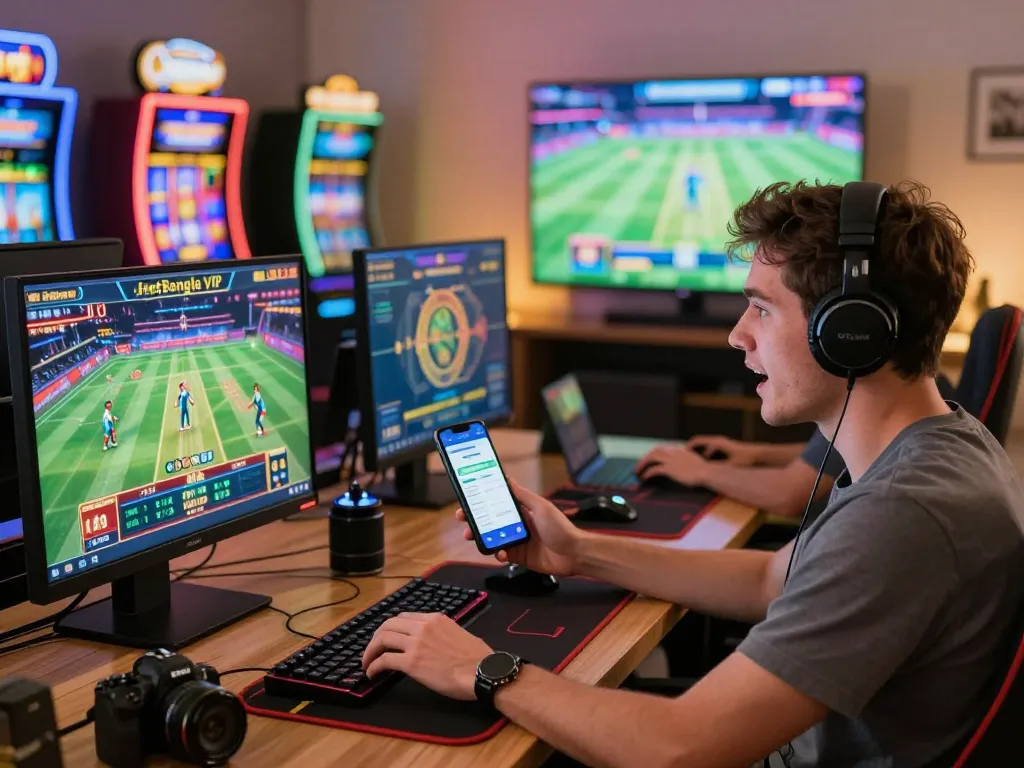 JeetBangla VIP player enjoying an online casino experience with exciting games on various devices.