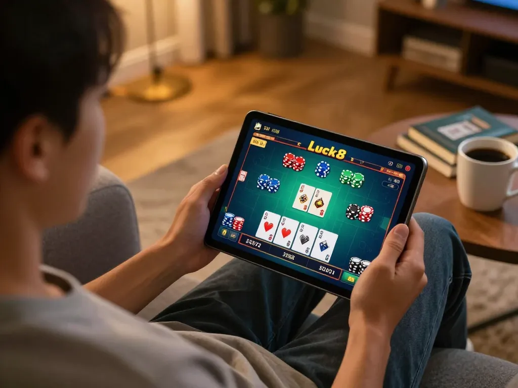 Engaging online gamblers login to LUCK8 on tablet, emphasizing strategic gameplay and cozy home environment.