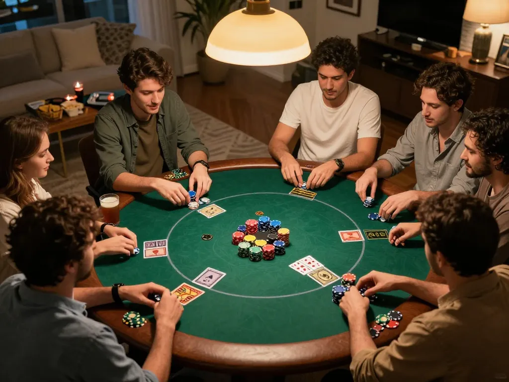 Friends enjoying a home poker night with excitement in their eyes, emphasizing nano banana 3's image editing capabilities.