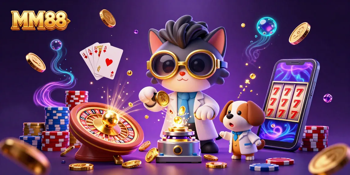 Engage with MM 88’s dynamic digital casino scene featuring 3D characters creating a gold-coin machine.