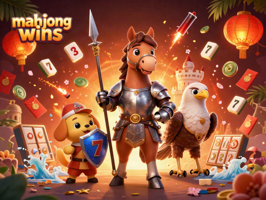 Experience mahjong wins with vibrant characters, floating tiles, and casino action in an exciting illustration.