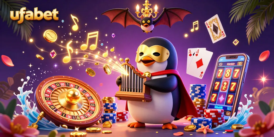 Experience thrilling gameplay at ufabet with a vibrant scene portraying a penguin organist and playful casino elements.