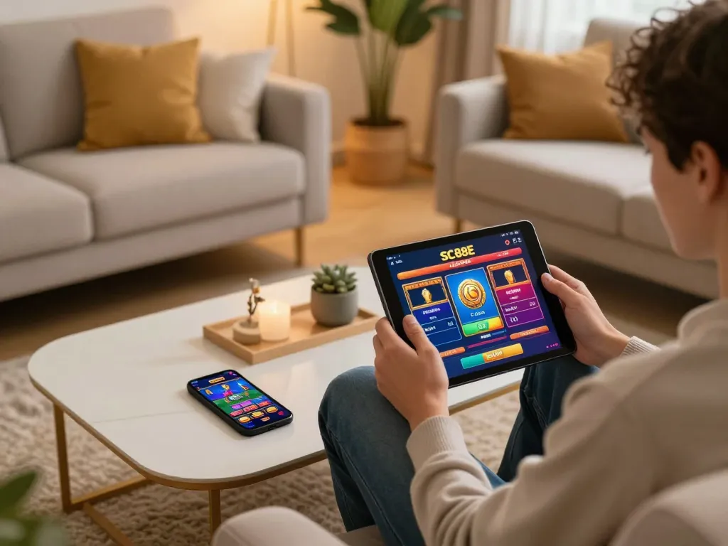 Engaging online play with SC88E app on tablet in a cozy home setup, showcasing modern gaming.