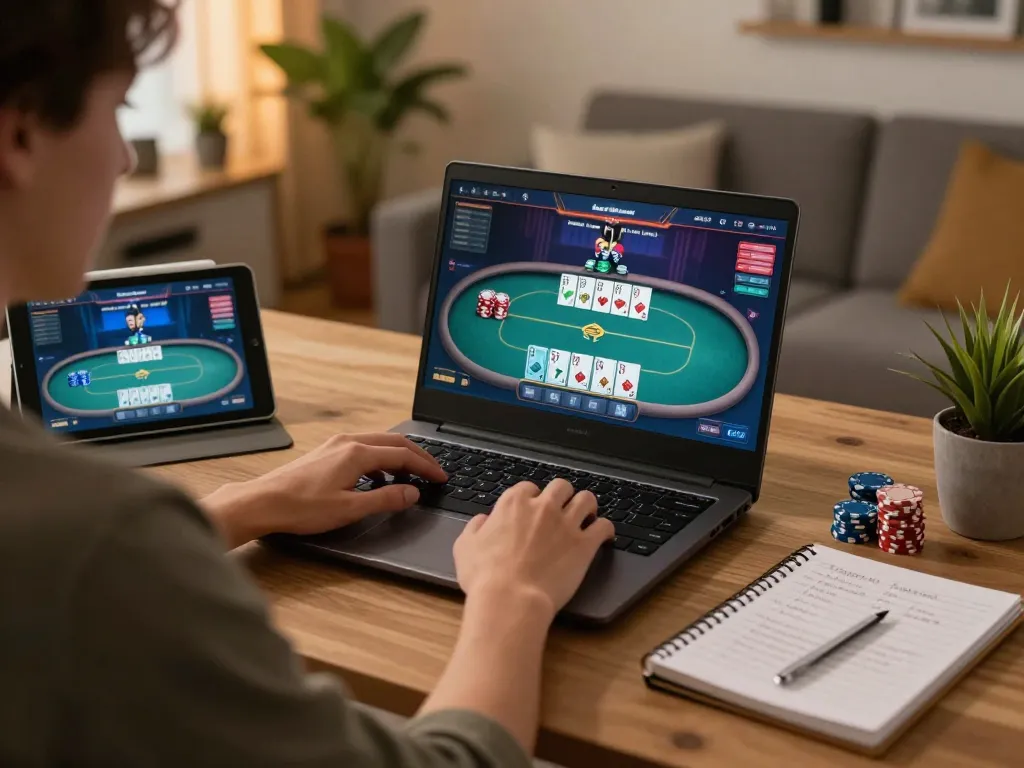 Engaging online gaming session with link vào LUCKYWIN visible on laptop screen, showcasing poker gameplay